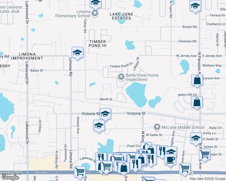 map of restaurants, bars, coffee shops, grocery stores, and more near 638 Limona Woods Drive in Brandon