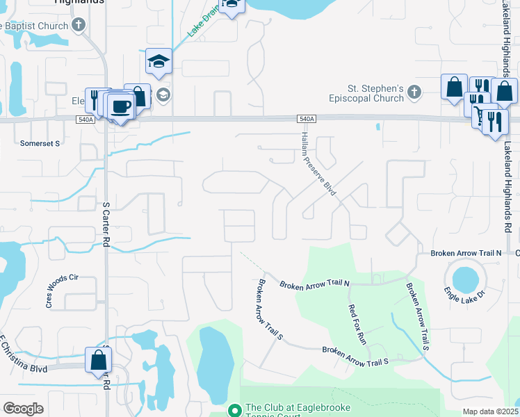 map of restaurants, bars, coffee shops, grocery stores, and more near 6538 Eagle View Loop in Lakeland