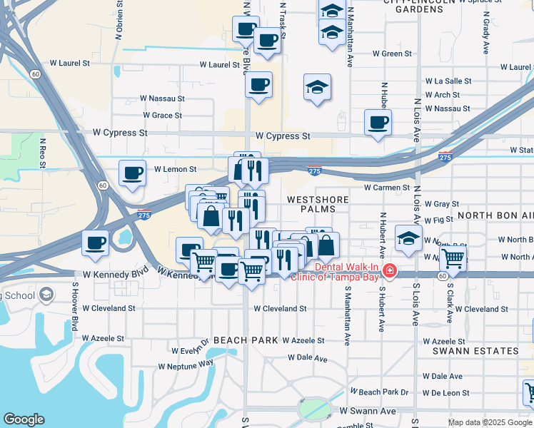 map of restaurants, bars, coffee shops, grocery stores, and more near 4607 West Fig Street in Tampa
