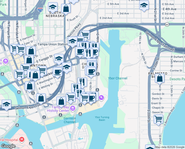 map of restaurants, bars, coffee shops, grocery stores, and more near 912 Channelside Drive in Tampa