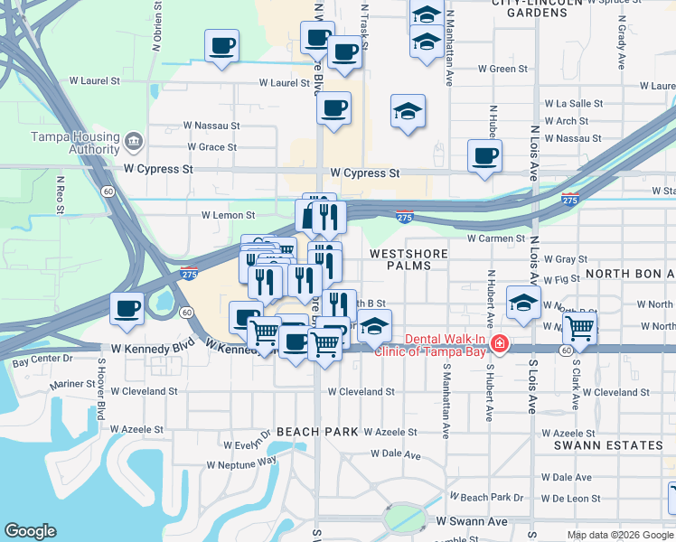 map of restaurants, bars, coffee shops, grocery stores, and more near 405 North Westshore Boulevard in Tampa