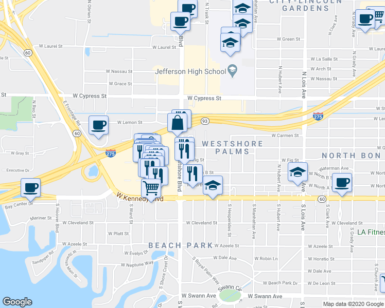 map of restaurants, bars, coffee shops, grocery stores, and more near 4610 West Gray Street in Tampa
