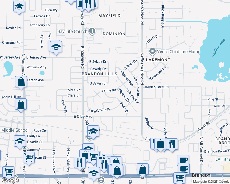 map of restaurants, bars, coffee shops, grocery stores, and more near 807 Granite Road in Brandon