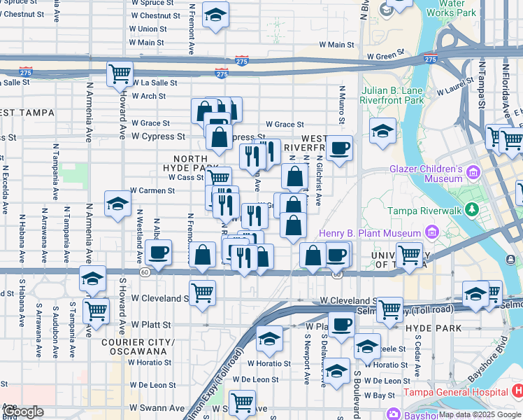 map of restaurants, bars, coffee shops, grocery stores, and more near 1340 West Gray Street in Tampa