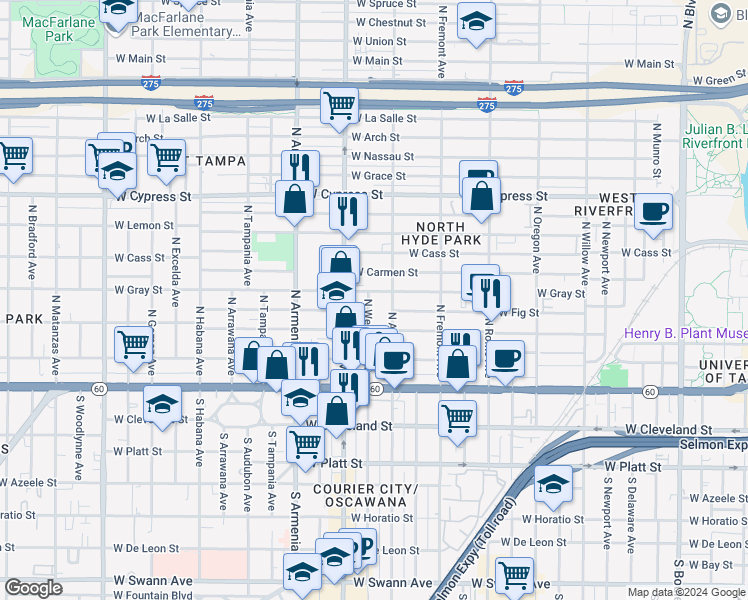 map of restaurants, bars, coffee shops, grocery stores, and more near 404 North Westland Avenue in Tampa
