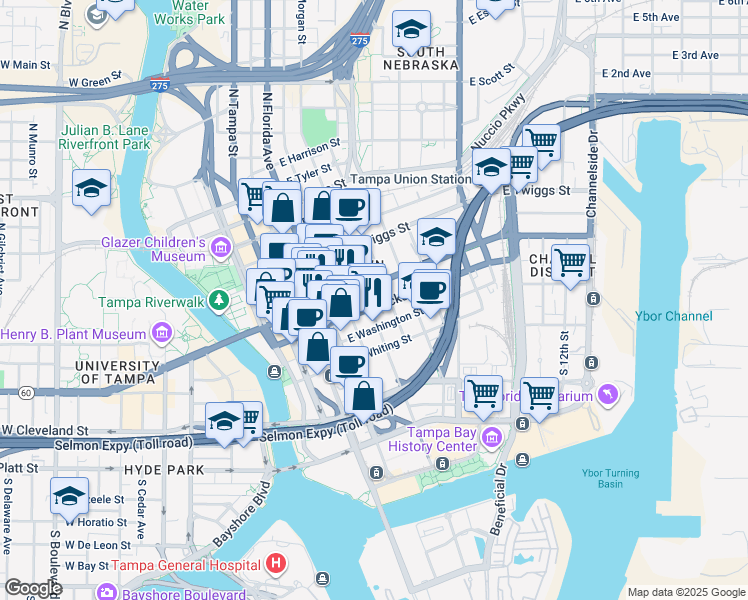 map of restaurants, bars, coffee shops, grocery stores, and more near 601 East Kennedy Boulevard in Tampa