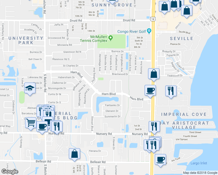 map of restaurants, bars, coffee shops, grocery stores, and more near 1330 Moreland Drive in Clearwater
