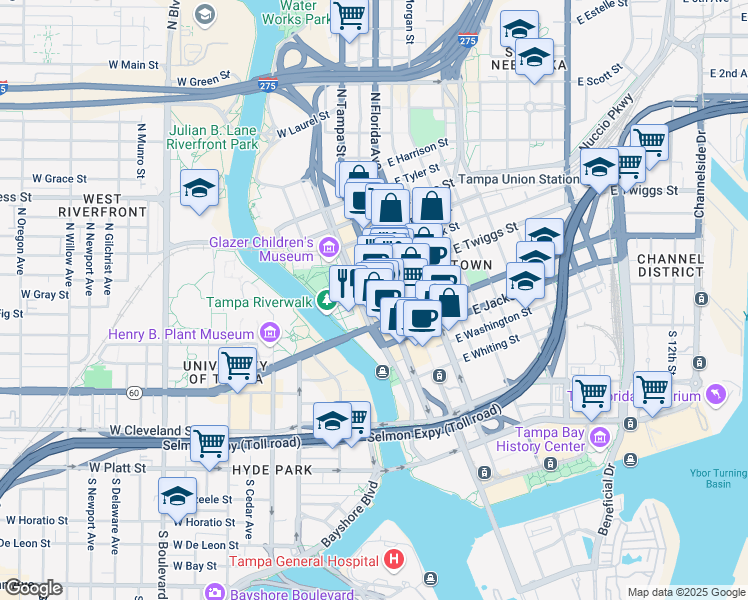 map of restaurants, bars, coffee shops, grocery stores, and more near 108 East Madison Street in Tampa
