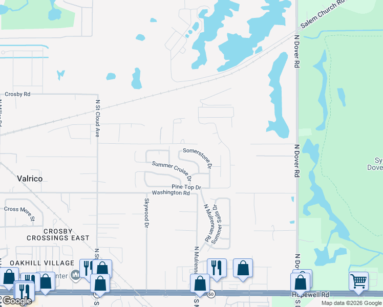 map of restaurants, bars, coffee shops, grocery stores, and more near 630 Somerstone Drive in Valrico