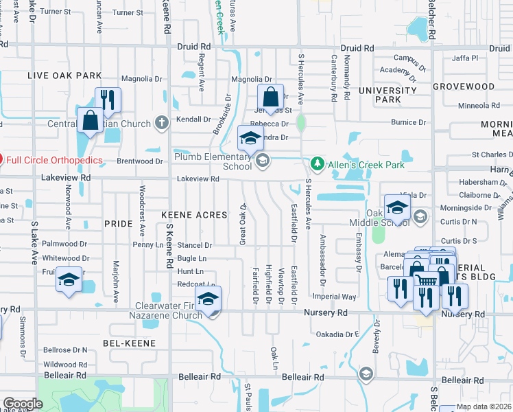 map of restaurants, bars, coffee shops, grocery stores, and more near 1335 Highfield Drive in Clearwater