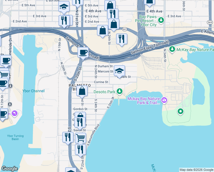 map of restaurants, bars, coffee shops, grocery stores, and more near 2422 Harper Street in Tampa