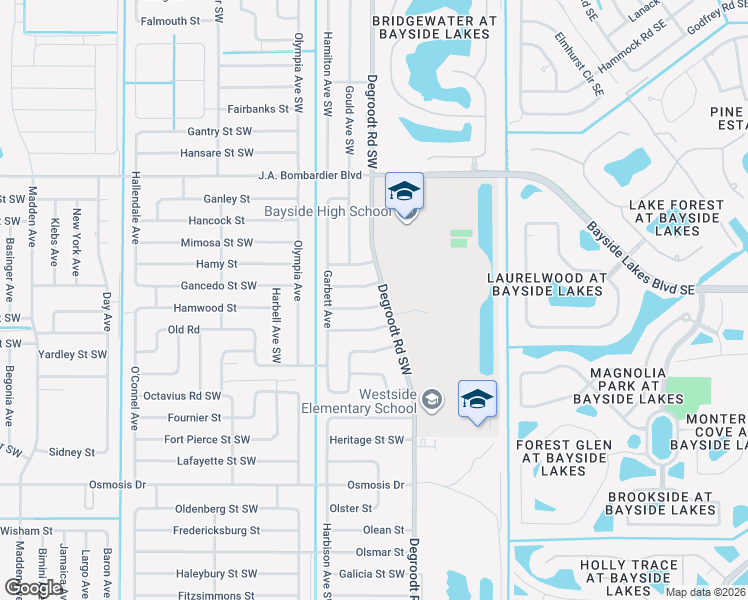 map of restaurants, bars, coffee shops, grocery stores, and more near 313 Gastin Street Southwest in Palm Bay