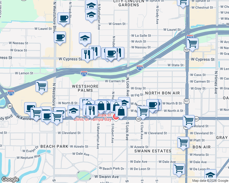 map of restaurants, bars, coffee shops, grocery stores, and more near 4307 West Fig Street in Tampa