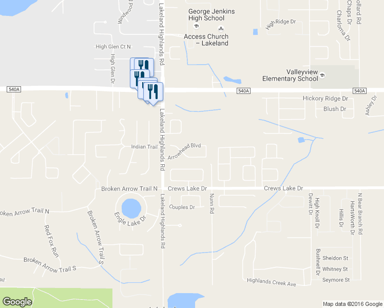 map of restaurants, bars, coffee shops, grocery stores, and more near 2316 Flaming Arrow Drive in Lakeland