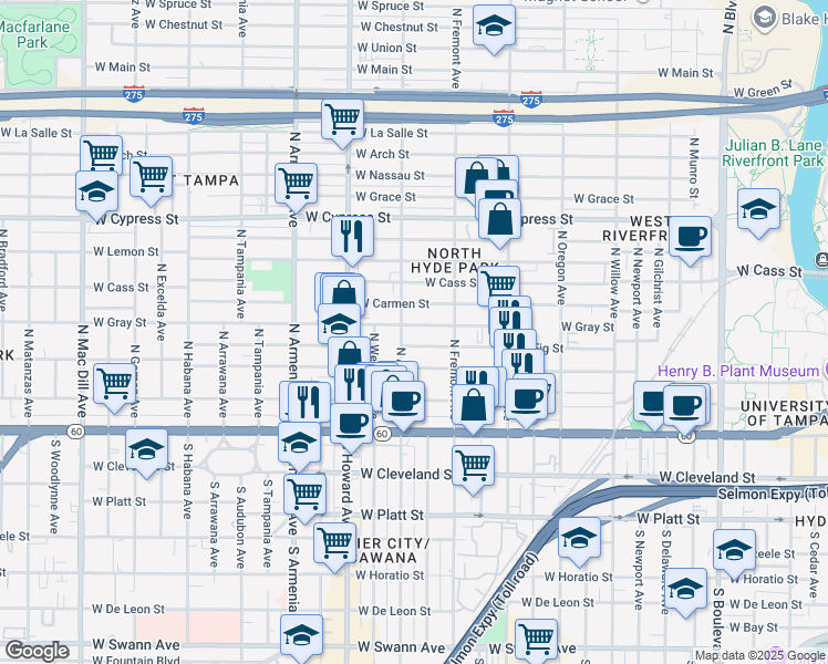 map of restaurants, bars, coffee shops, grocery stores, and more near 1922 West Gray Street in Tampa