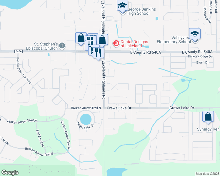 map of restaurants, bars, coffee shops, grocery stores, and more near 2222 Arrowhead Boulevard in Lakeland