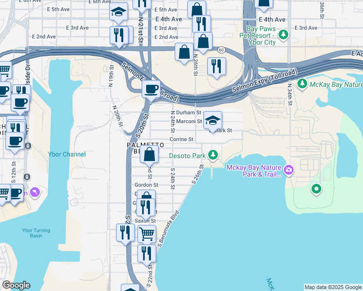 map of restaurants, bars, coffee shops, grocery stores, and more near 2410 Harper Street in Tampa