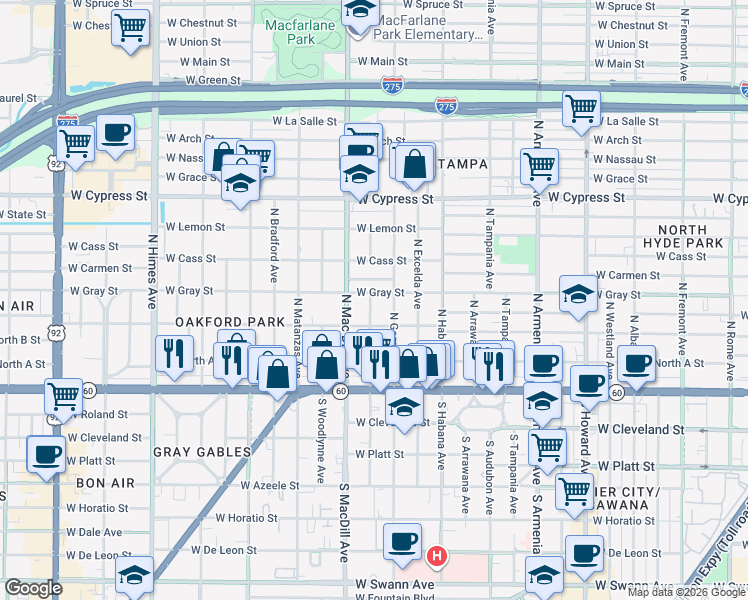 map of restaurants, bars, coffee shops, grocery stores, and more near 310 North New Jersey Avenue in Tampa