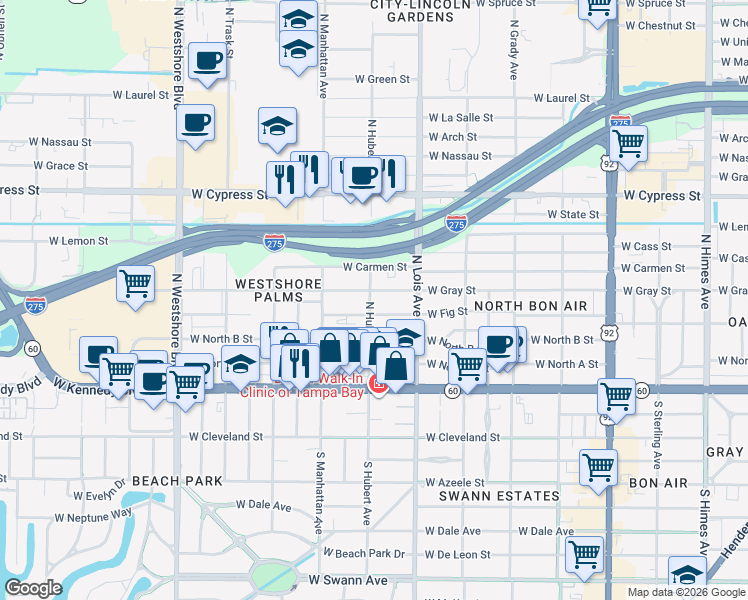 map of restaurants, bars, coffee shops, grocery stores, and more near 4307 West Fig Street in Tampa