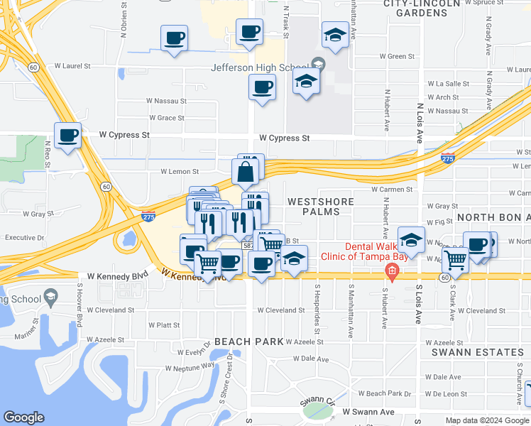 map of restaurants, bars, coffee shops, grocery stores, and more near 405 North Westshore Boulevard in Tampa