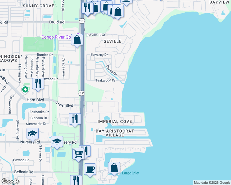 map of restaurants, bars, coffee shops, grocery stores, and more near 19355 US Highway 19 North in Clearwater