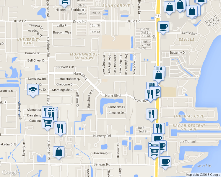 map of restaurants, bars, coffee shops, grocery stores, and more near 1330 Moreland Drive in Clearwater