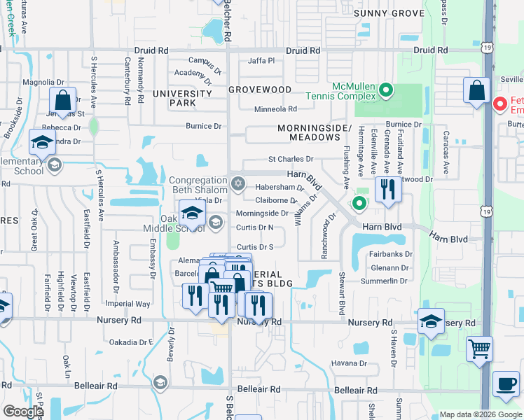 map of restaurants, bars, coffee shops, grocery stores, and more near 2223 Morningside Drive in Clearwater
