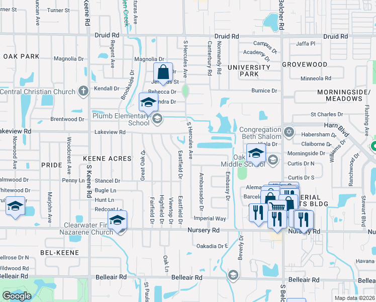 map of restaurants, bars, coffee shops, grocery stores, and more near 2012 Coronet Lane in Clearwater