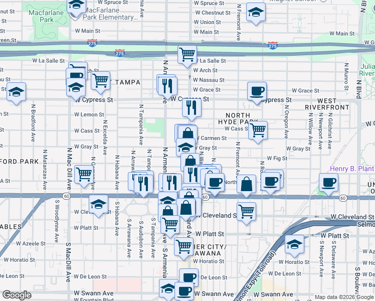 map of restaurants, bars, coffee shops, grocery stores, and more near 408 North Howard Avenue in Tampa