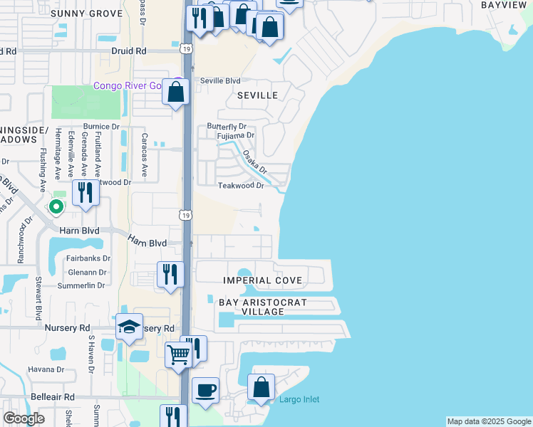 map of restaurants, bars, coffee shops, grocery stores, and more near 19355 US Highway 19 North in Clearwater