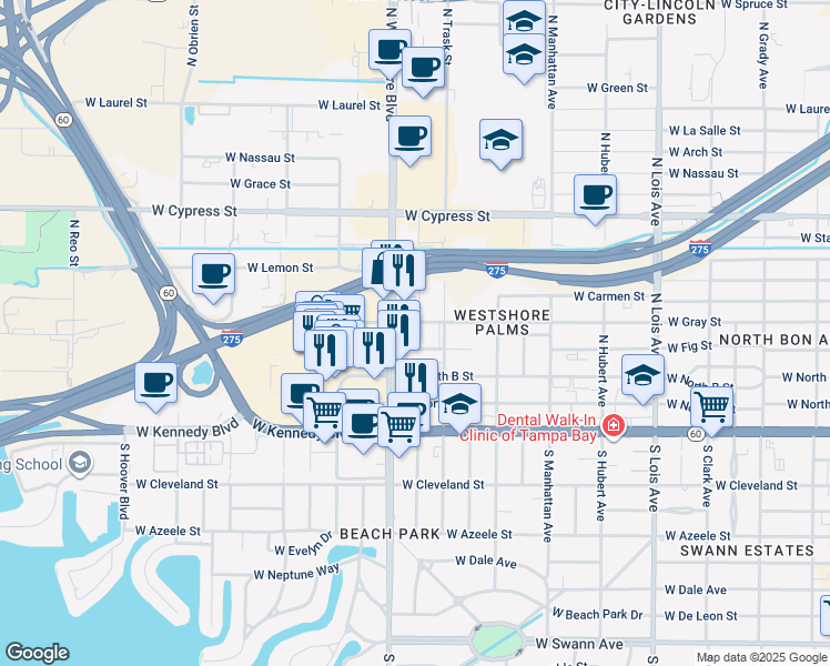 map of restaurants, bars, coffee shops, grocery stores, and more near 4607 West Fig Street in Tampa