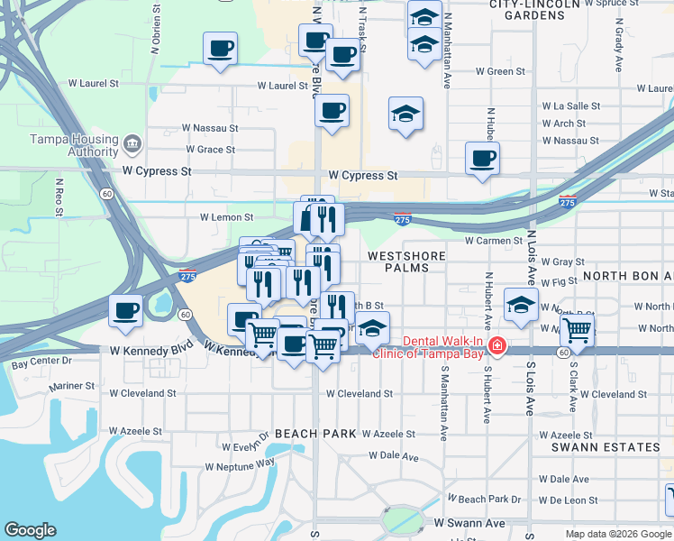 map of restaurants, bars, coffee shops, grocery stores, and more near 4606 West Gray Street in Tampa