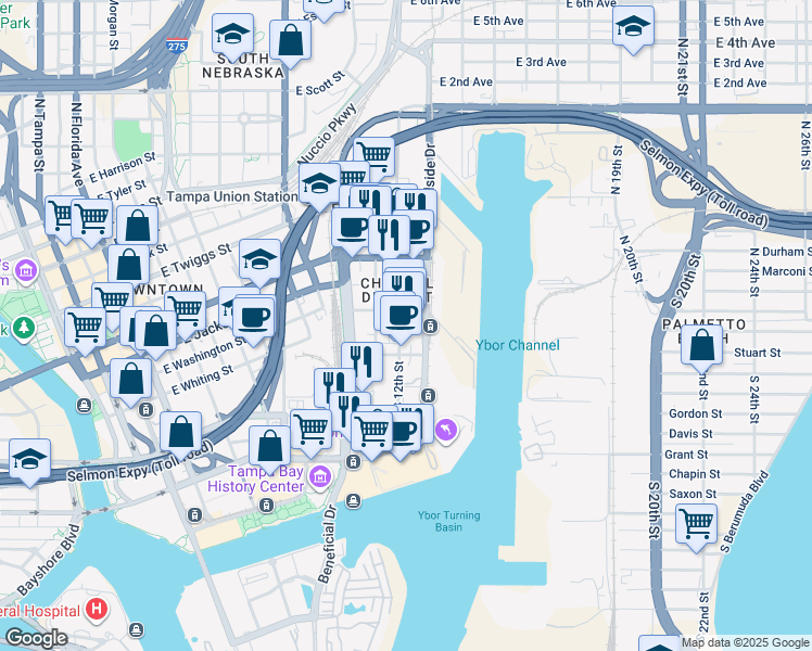 map of restaurants, bars, coffee shops, grocery stores, and more near in Tampa
