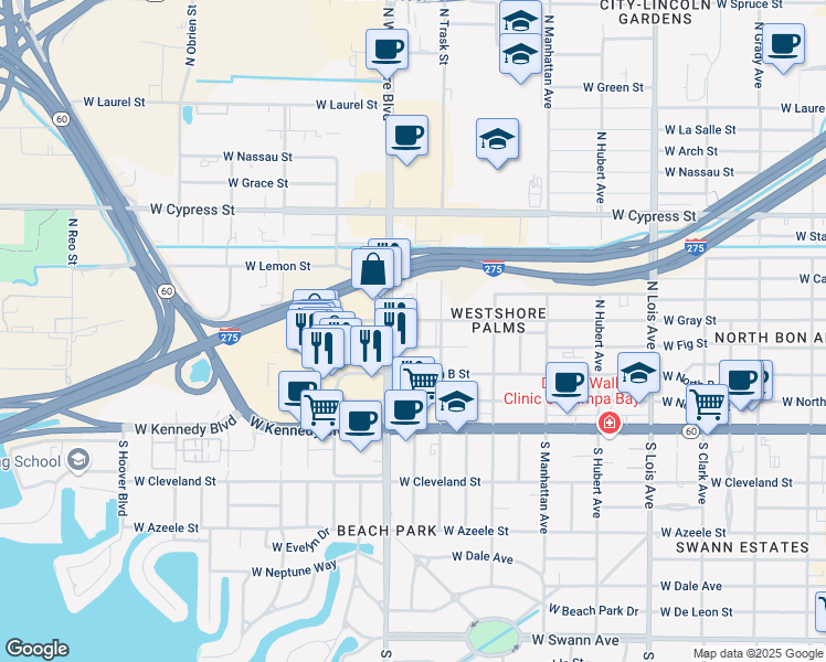 map of restaurants, bars, coffee shops, grocery stores, and more near 4607 West Fig Street in Tampa