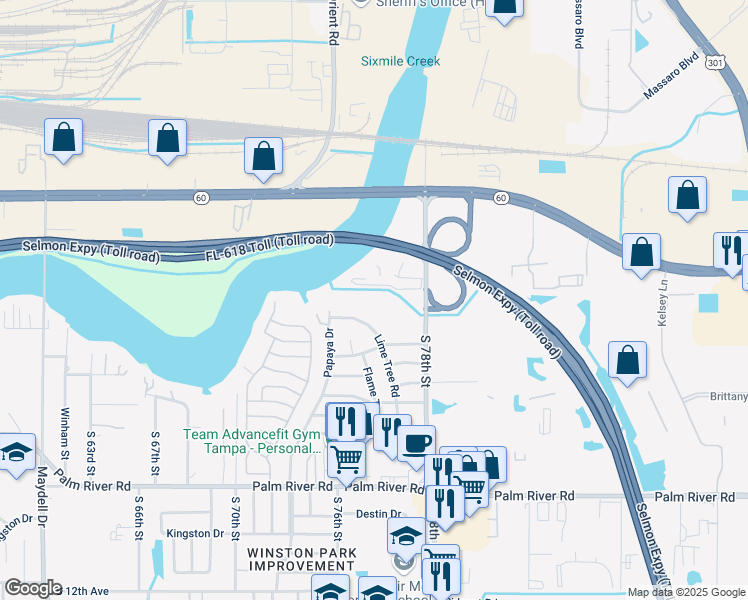 map of restaurants, bars, coffee shops, grocery stores, and more near 7022 Rivergate Drive in Tampa