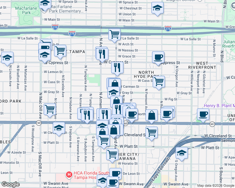 map of restaurants, bars, coffee shops, grocery stores, and more near 2305 West Fig Street in Tampa