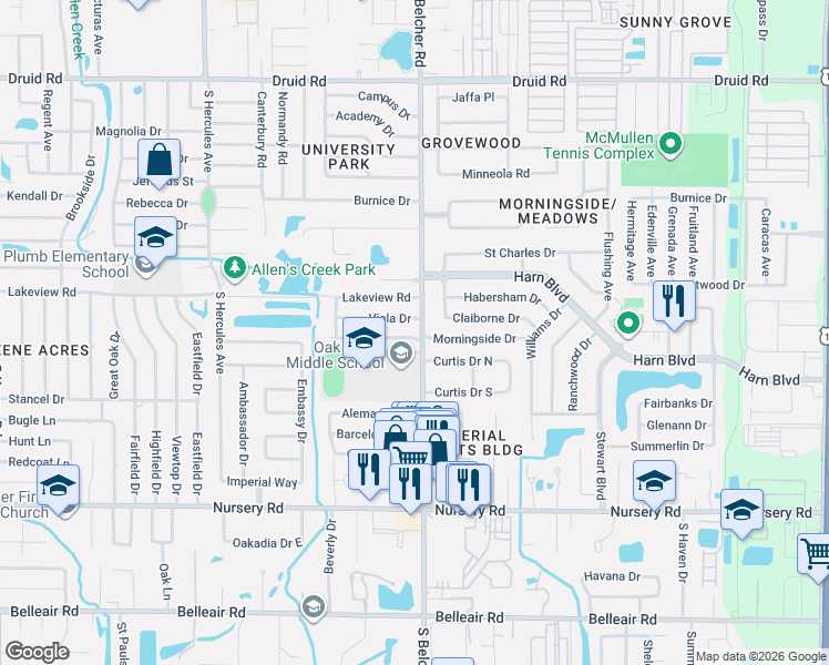 map of restaurants, bars, coffee shops, grocery stores, and more near 2201 Morningside Drive in Clearwater