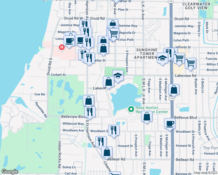 map of restaurants, bars, coffee shops, grocery stores, and more near 699 Lakeview Road in Clearwater