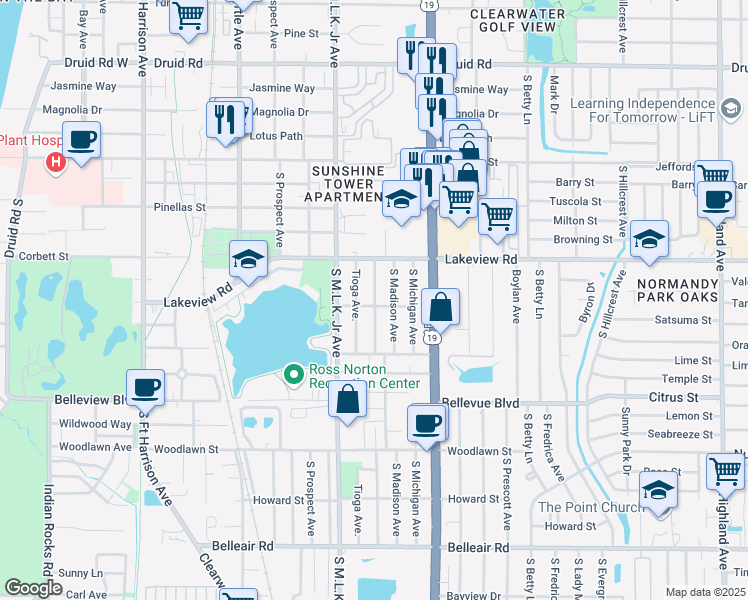 map of restaurants, bars, coffee shops, grocery stores, and more near 1342 South Washington Avenue in Clearwater