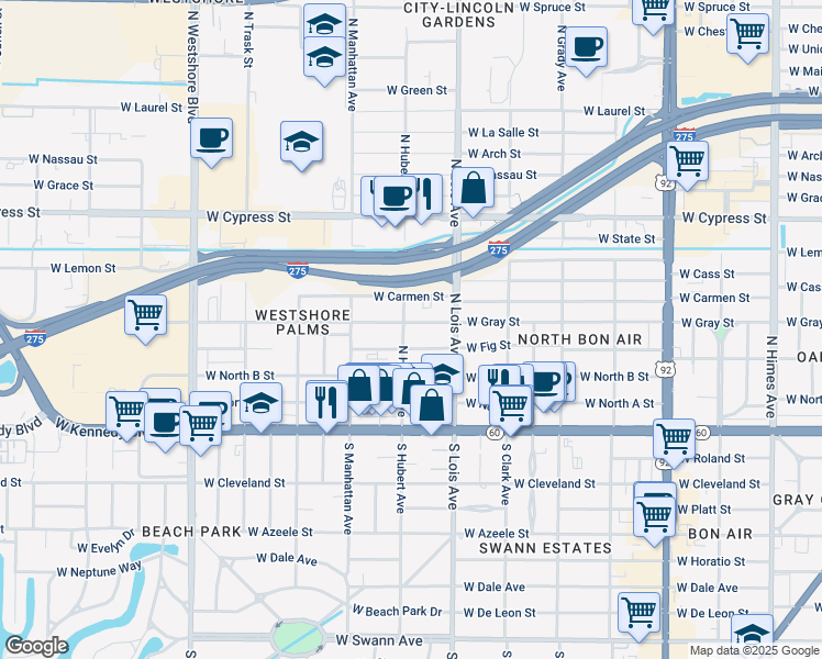 map of restaurants, bars, coffee shops, grocery stores, and more near 405 North Hubert Avenue in Tampa