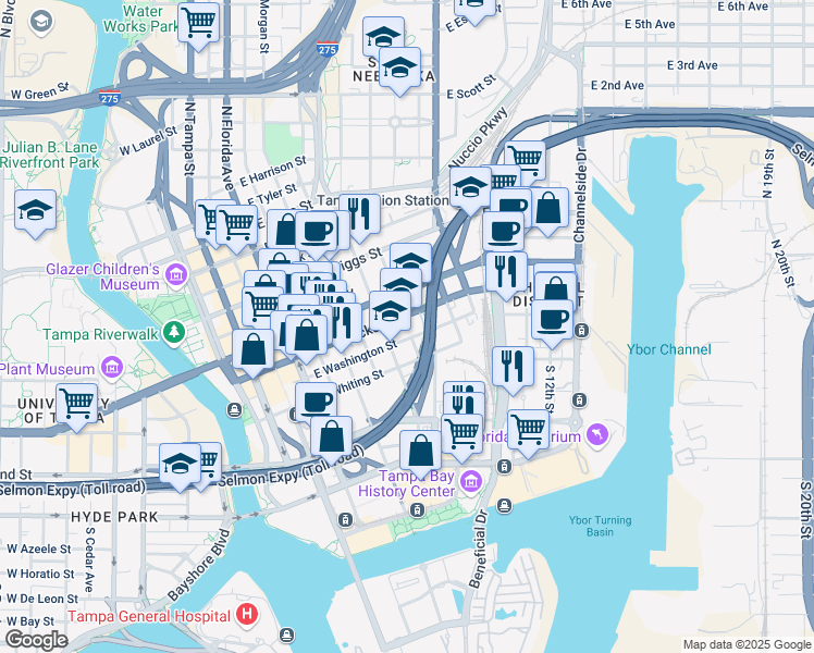map of restaurants, bars, coffee shops, grocery stores, and more near 901 East Washington Street in Tampa