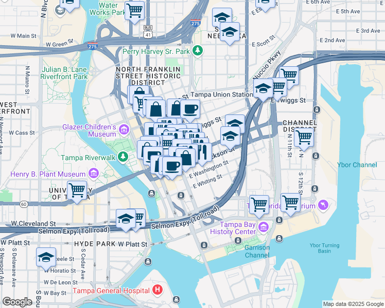 map of restaurants, bars, coffee shops, grocery stores, and more near 409 East Kennedy Boulevard in Tampa