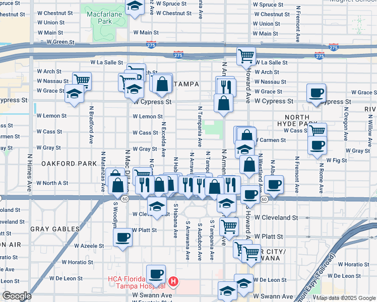 map of restaurants, bars, coffee shops, grocery stores, and more near 2701 West Fig Street in Tampa