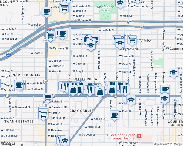 map of restaurants, bars, coffee shops, grocery stores, and more near 309 North Lincoln Avenue in Tampa