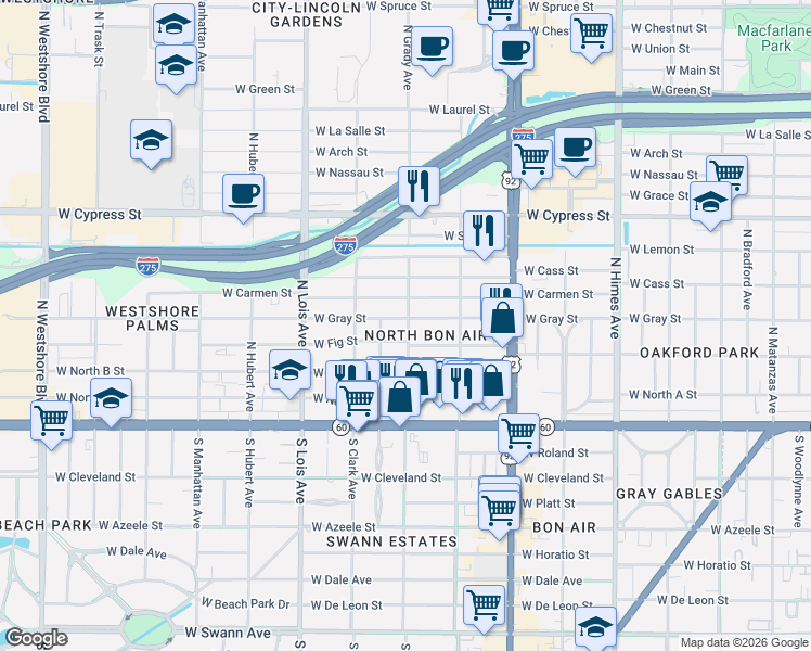 map of restaurants, bars, coffee shops, grocery stores, and more near 4007 West Fig Street in Tampa