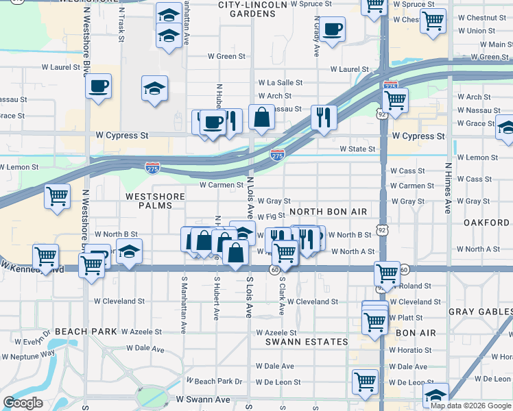 map of restaurants, bars, coffee shops, grocery stores, and more near 4119 West Fig Street in Tampa