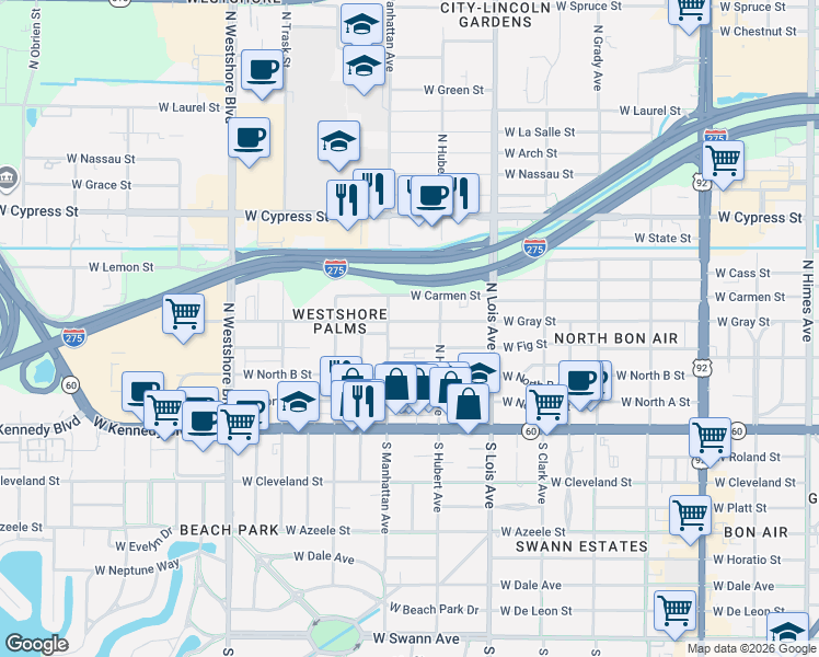 map of restaurants, bars, coffee shops, grocery stores, and more near 4307 West Fig Street in Tampa