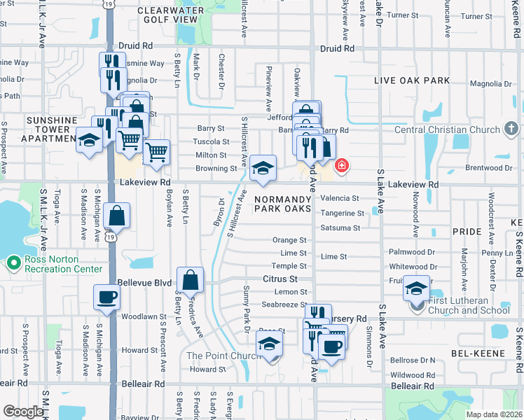 map of restaurants, bars, coffee shops, grocery stores, and more near 1411 Normandy Park Drive in Clearwater