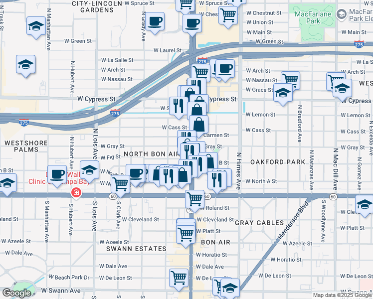 map of restaurants, bars, coffee shops, grocery stores, and more near 324 North Dale Mabry Highway in Tampa