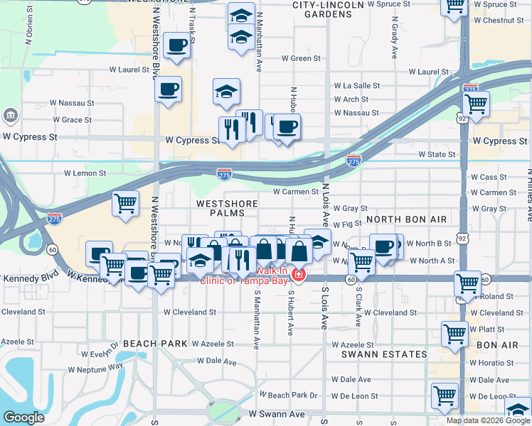 map of restaurants, bars, coffee shops, grocery stores, and more near 403 North Manhattan Avenue in Tampa